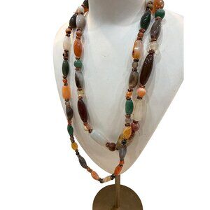 Multicolor Polished Agate Beaded Necklace With Knotted Cord 48 Inches Long
